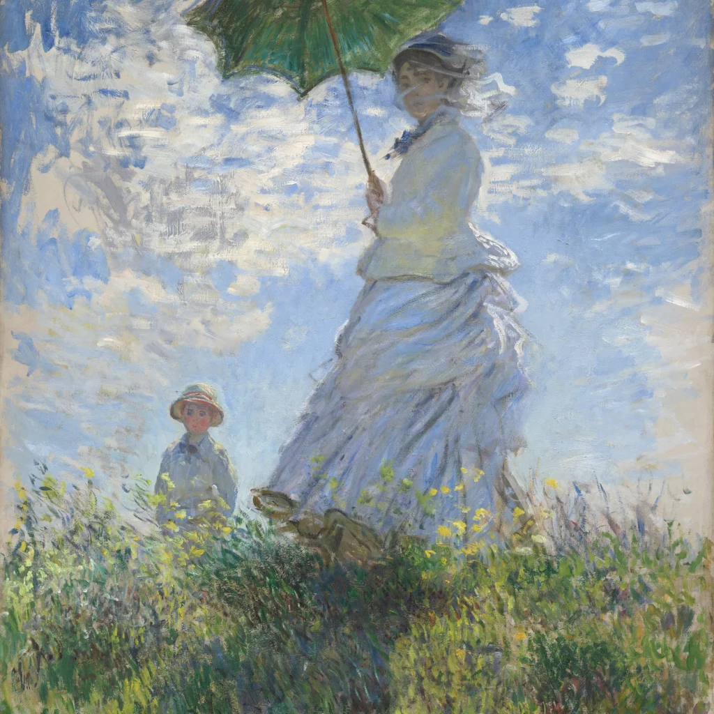 Kunstwerk Frau mit Sonnenschirm oder Camille Monet und Sohn Jean von Claude Monet aus dem Jahre 1866, heute ausgestellt im Musée d'Orsay in Paris