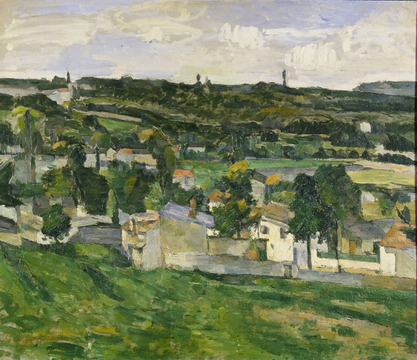 Paysage d‘Auvers-sur-Oise dabei handelt es sich um eine Landschaft von Häusern und Bäume. Es lässt sich viel grün und ein weiß grauer Himmel erkennen.
